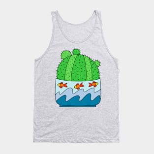 Cute Cactus Design #163: Ball Cactus In Goldfish Themed Pot Tank Top